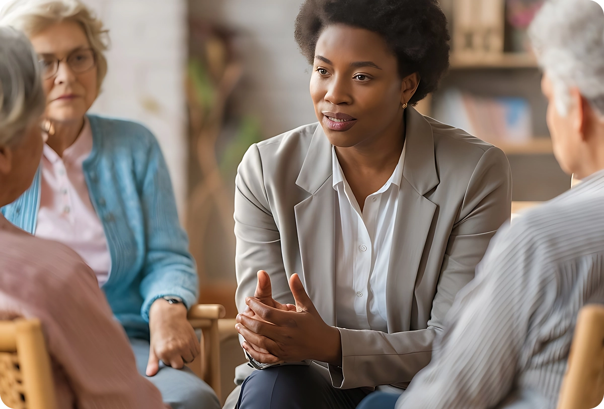 A diverse group of people, including a woman in a blazer speaking with focused intensity, sitting in a circle during a group therapy or counseling session.